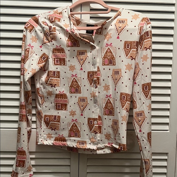 Gingerbread Women Shirts Tops - # 0516+ Gingerbread House Pattern Shirt - Brown and Pink